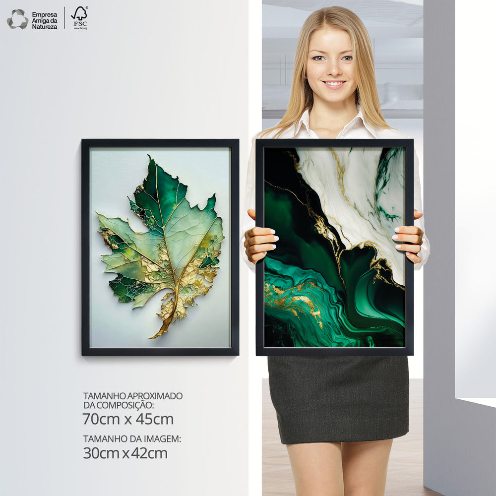 Composição De Quadros Floral Mármore Verde Gold Abstrato