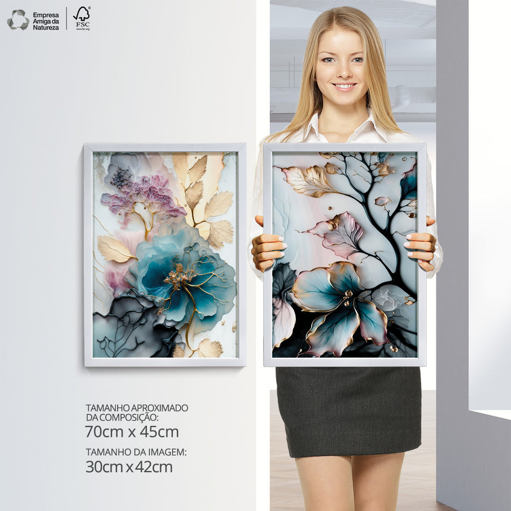 Composição de Quadros Aquarela Floral Botânico Gold