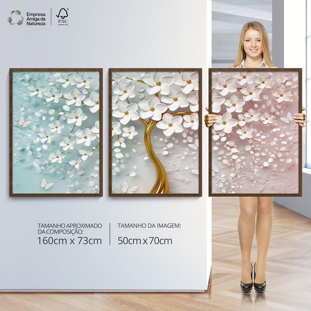 Composição de Quadros Árvore Floral Azul e Rosa- 60OFF