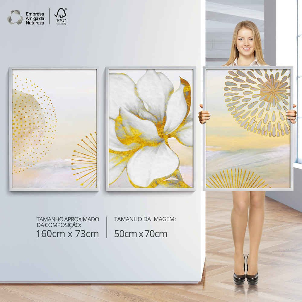 Composição de Quadros Gold Floral & white