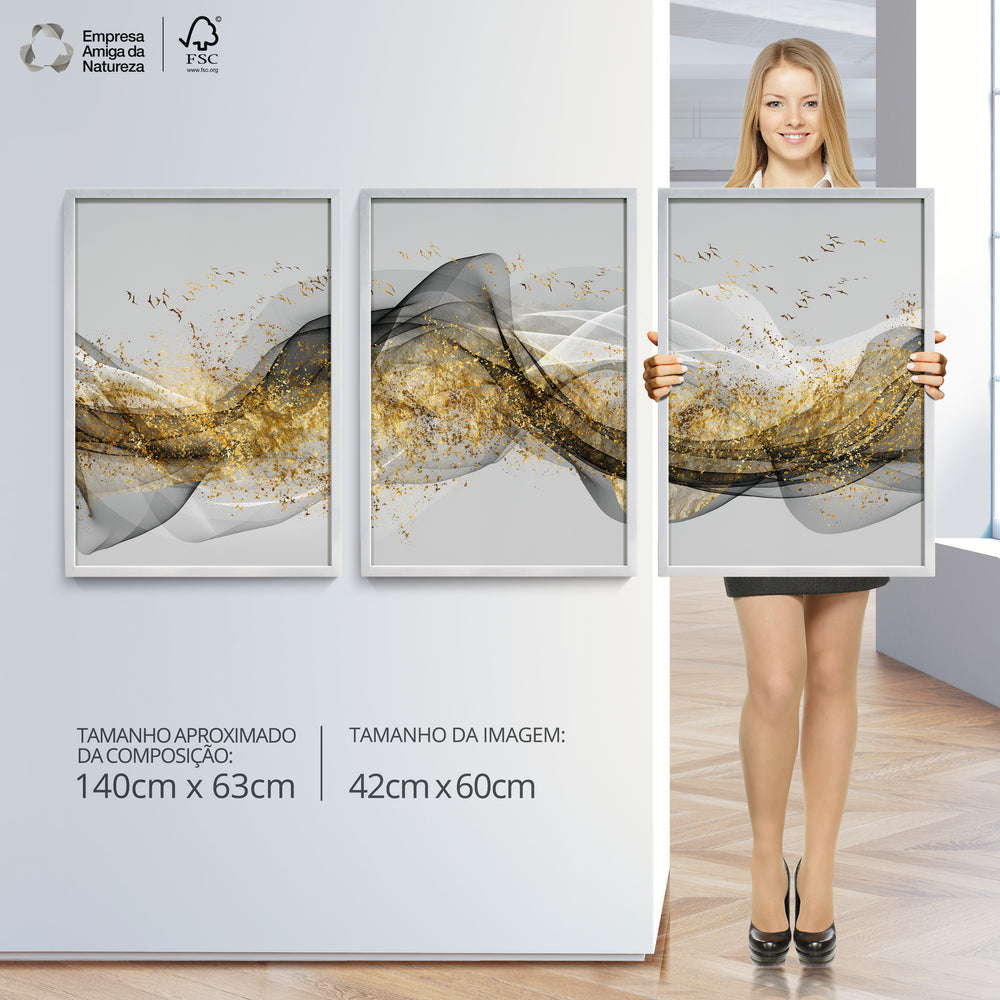 Composição De Quadros Trio Ondas Gold - 60OFF
