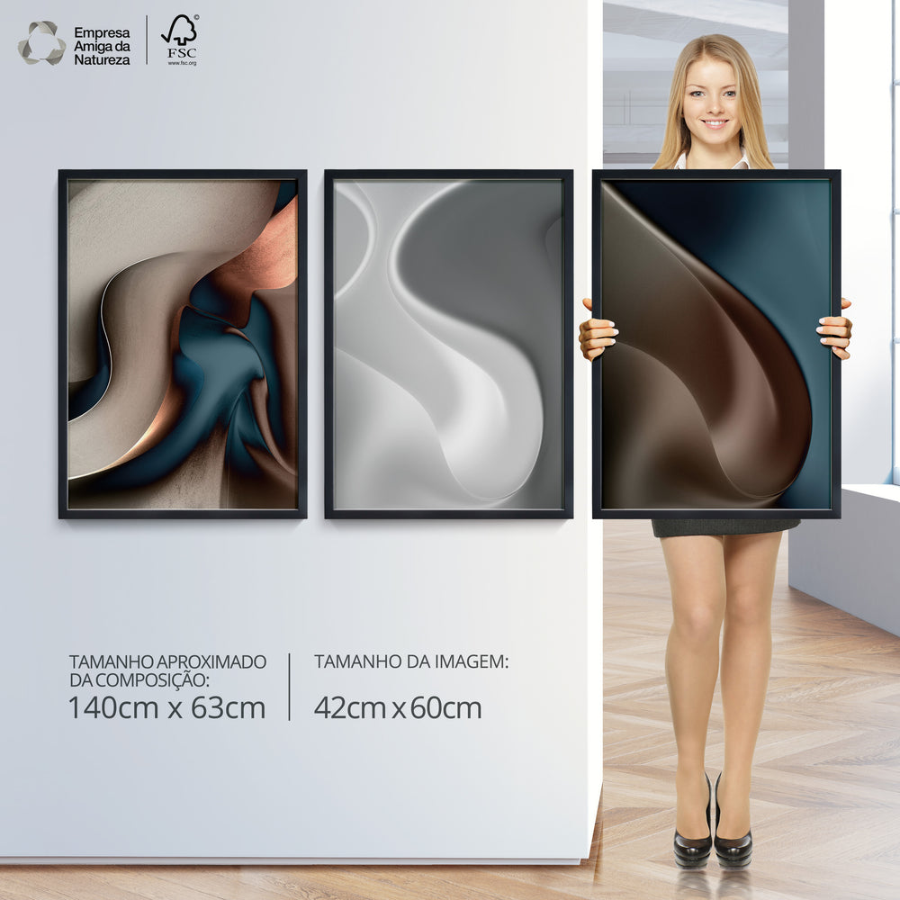 Composição de Quadros Trio Ondas Abstratas Moderna- 60OFF