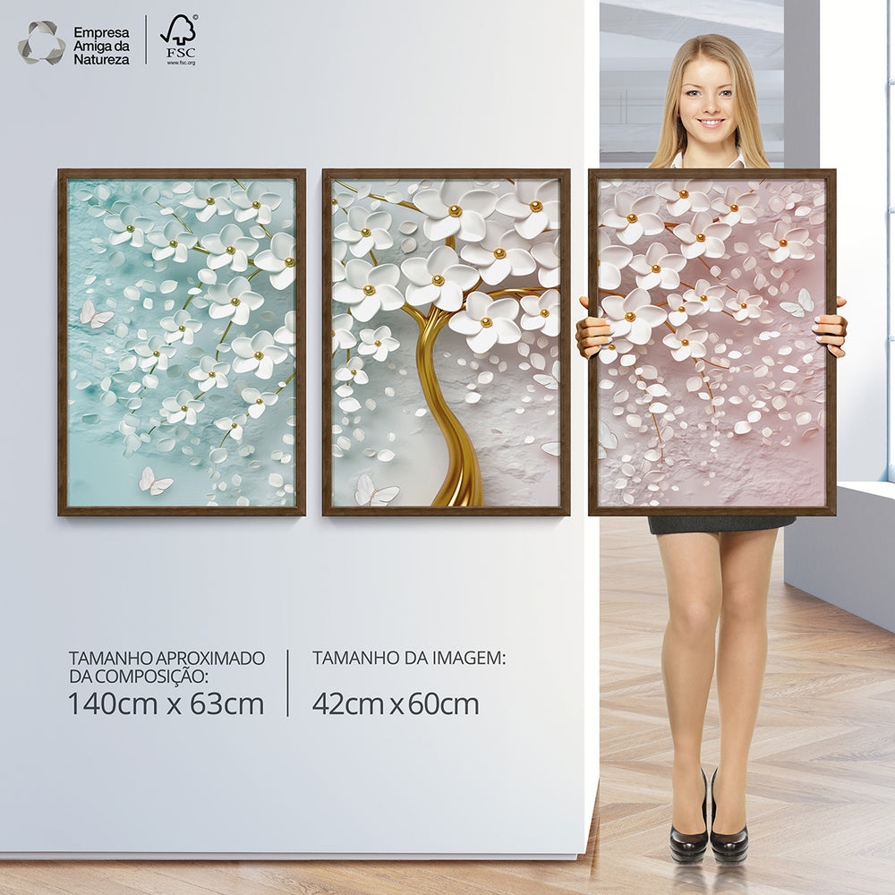 Composição de Quadros Árvore Floral Azul e Rosa- 60OFF