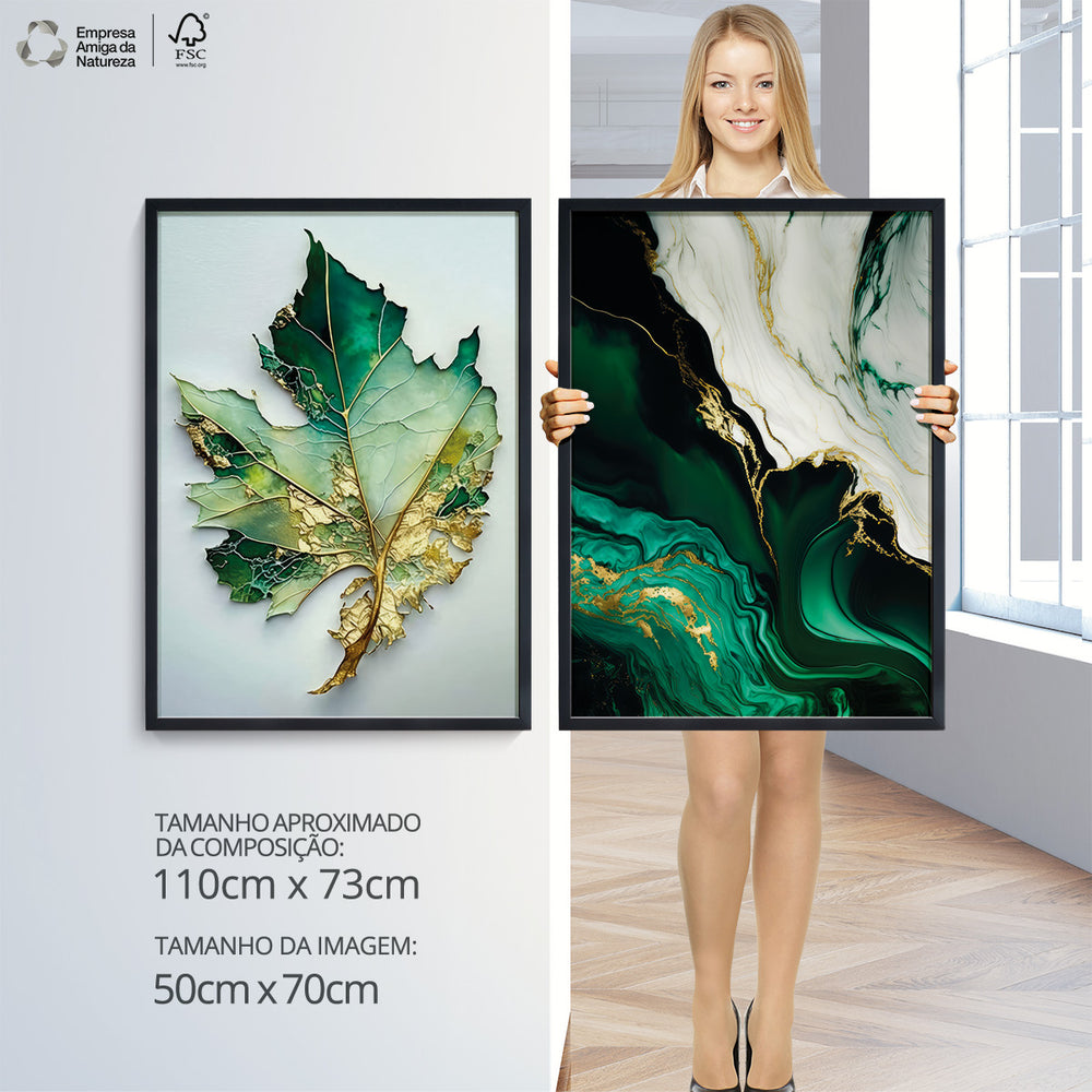 Composição De Quadros Floral  Mármore Verde Gold Abstrato