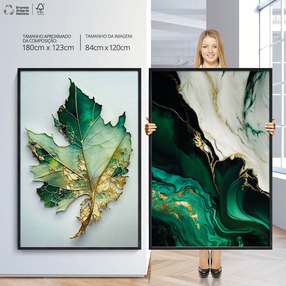 Composição De Quadros Floral  Mármore Verde Gold Abstrato