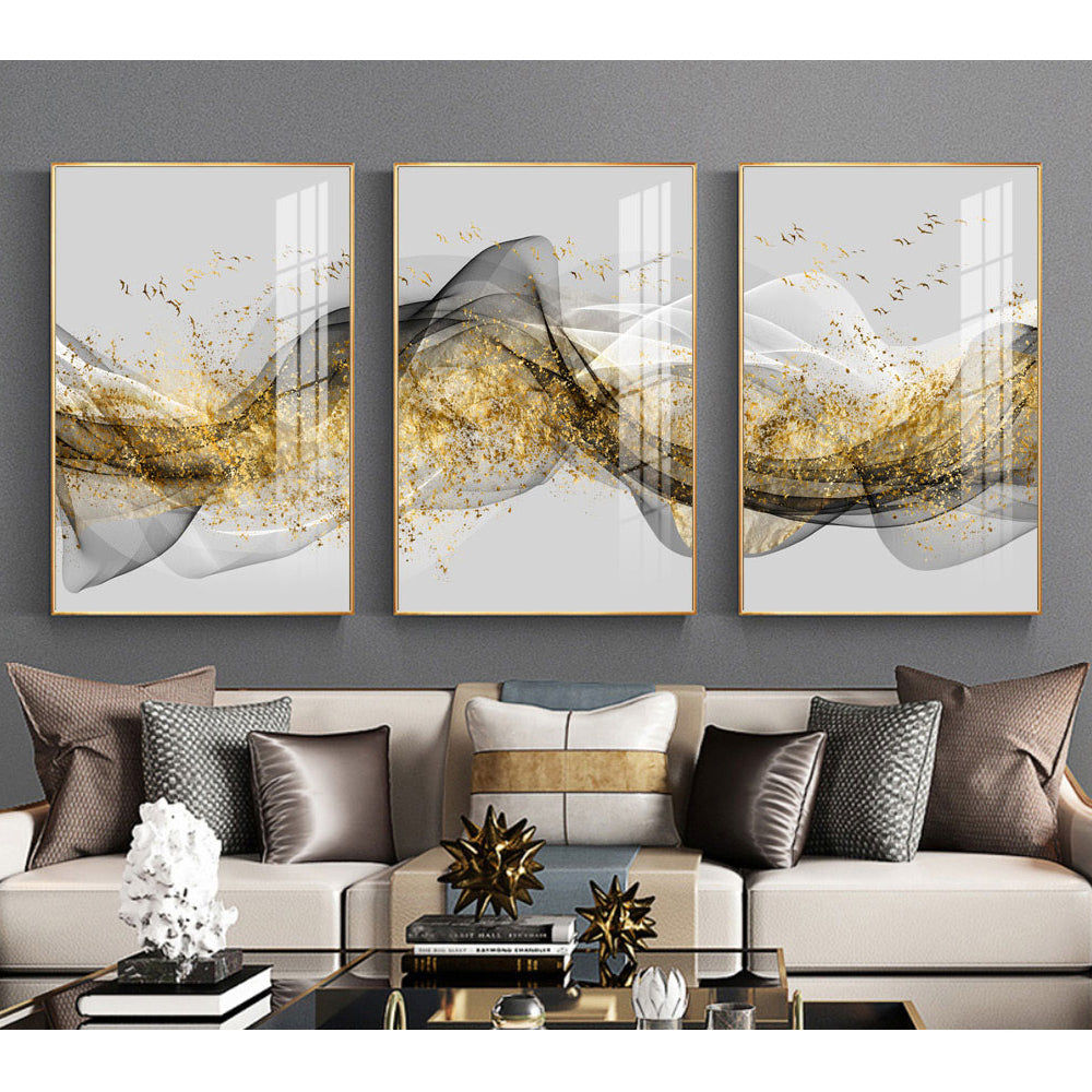 Composição De Quadros Trio Ondas Gold - 60OFF