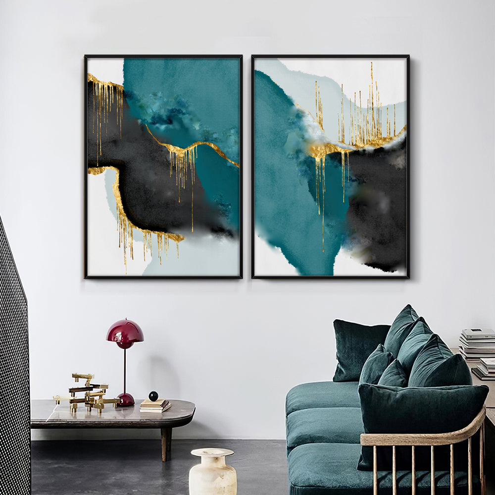 Composição de Quadros Abstrato Mármore Verde & Dourado Duo