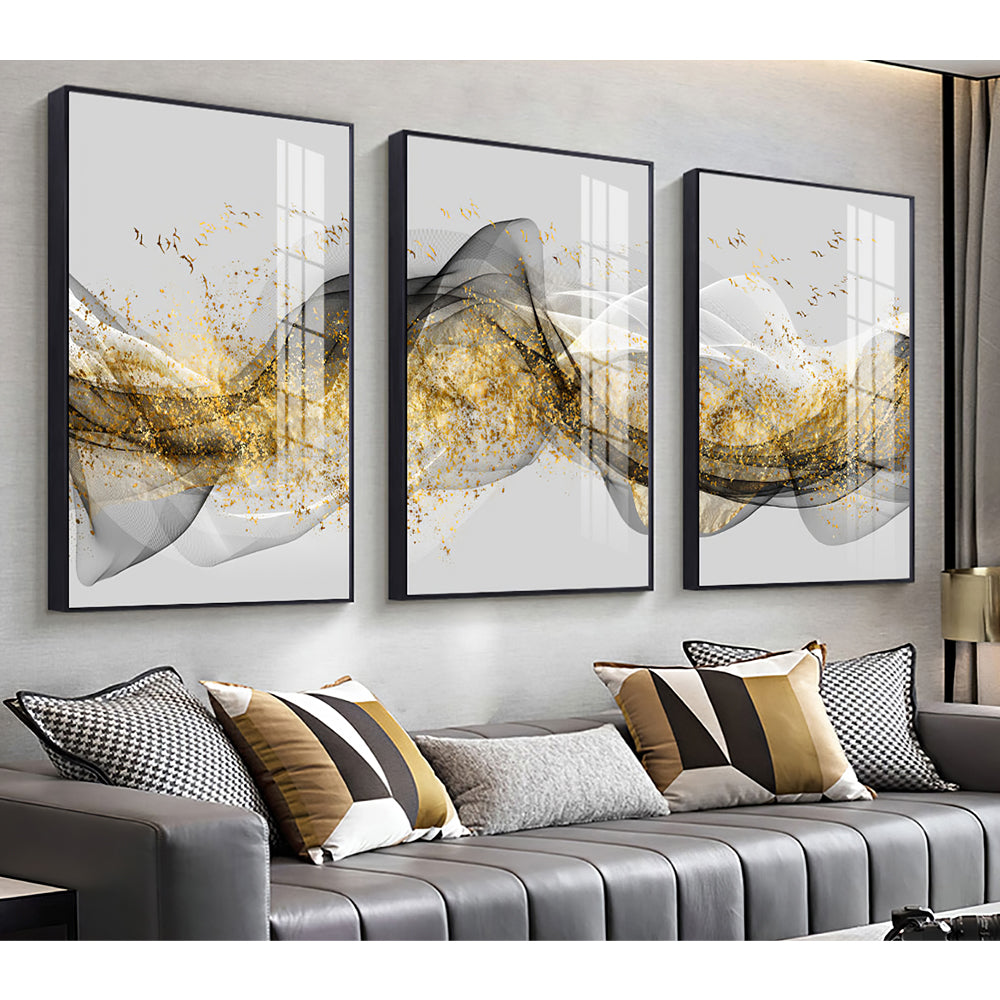 Composição De Quadros Trio Ondas Gold - 60OFF