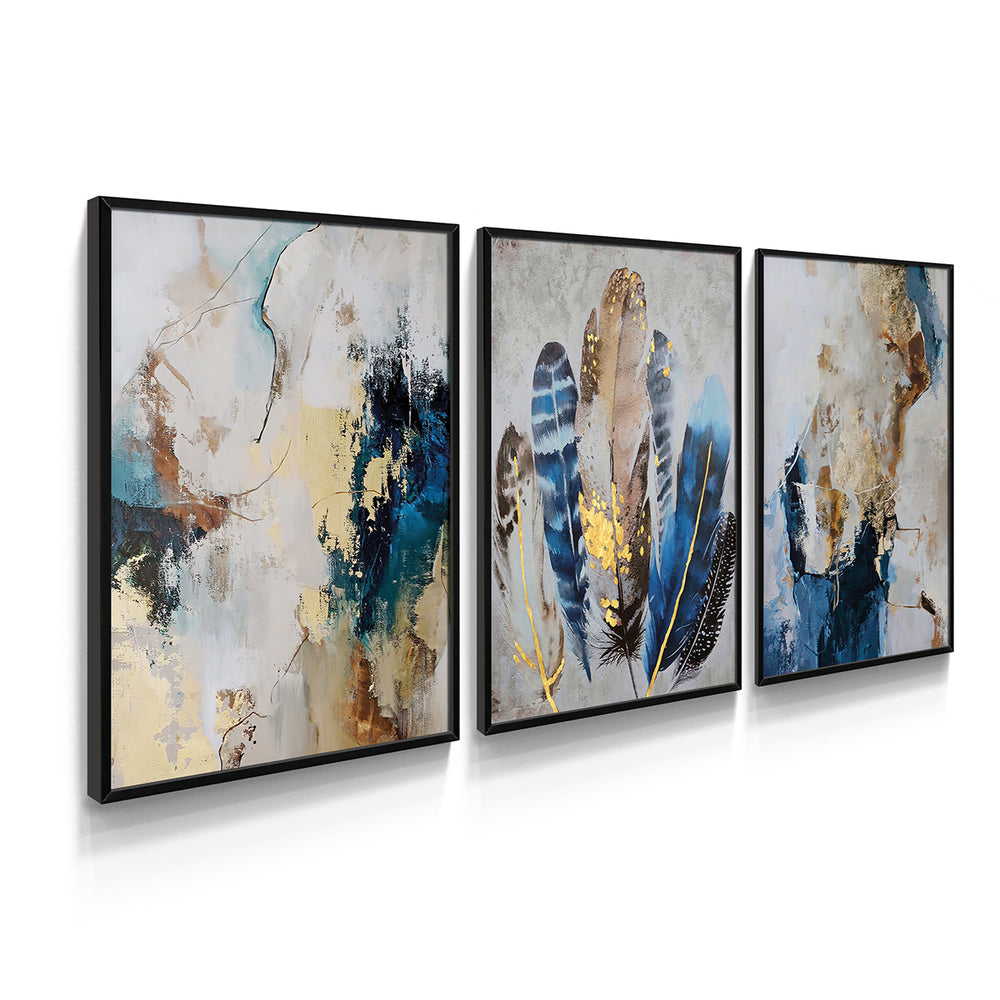 Composição de quadros Abstrato Dourado & Azul Trio - 60OFF
