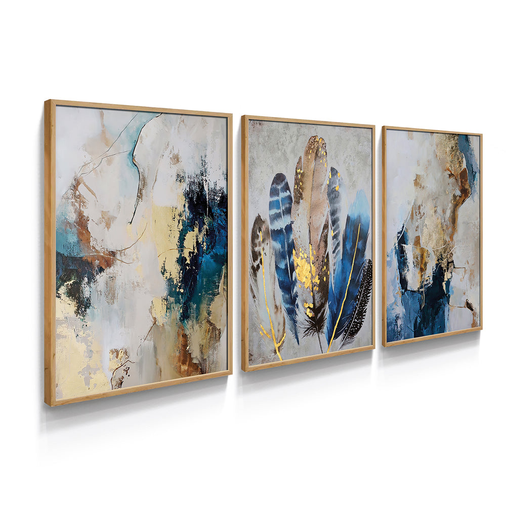 Composição de quadros Abstrato Dourado & Azul Trio - 60OFF