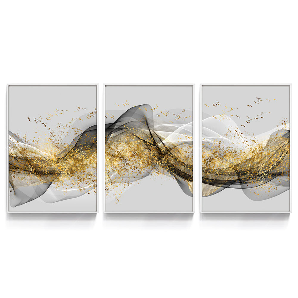 Composição De Quadros Trio Ondas Gold - 60OFF