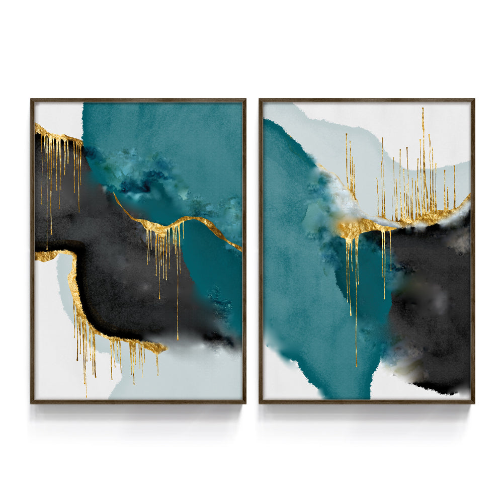 Composição de Quadros Abstrato Mármore Verde & Dourado Duo