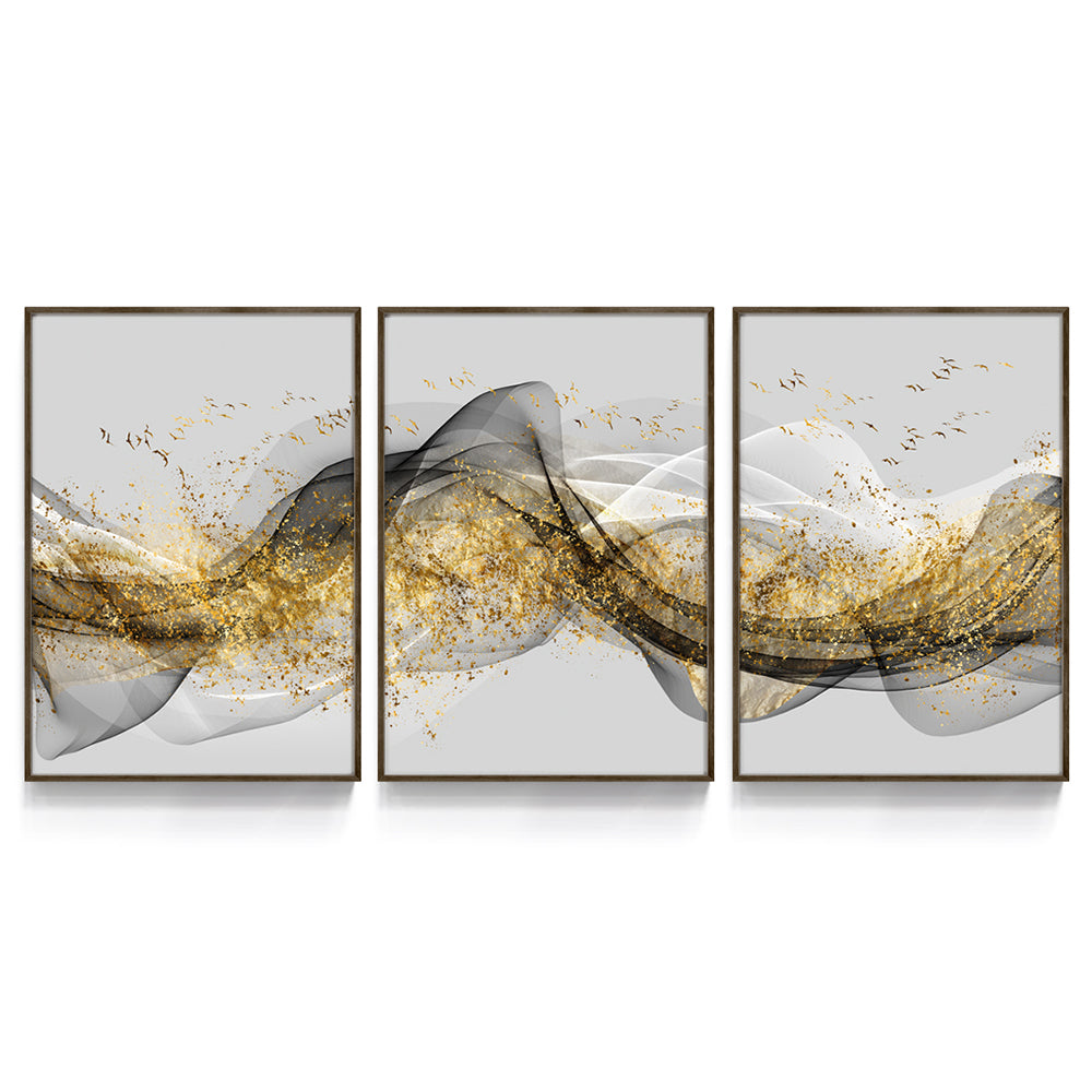 Composição De Quadros Trio Ondas Gold - 60OFF