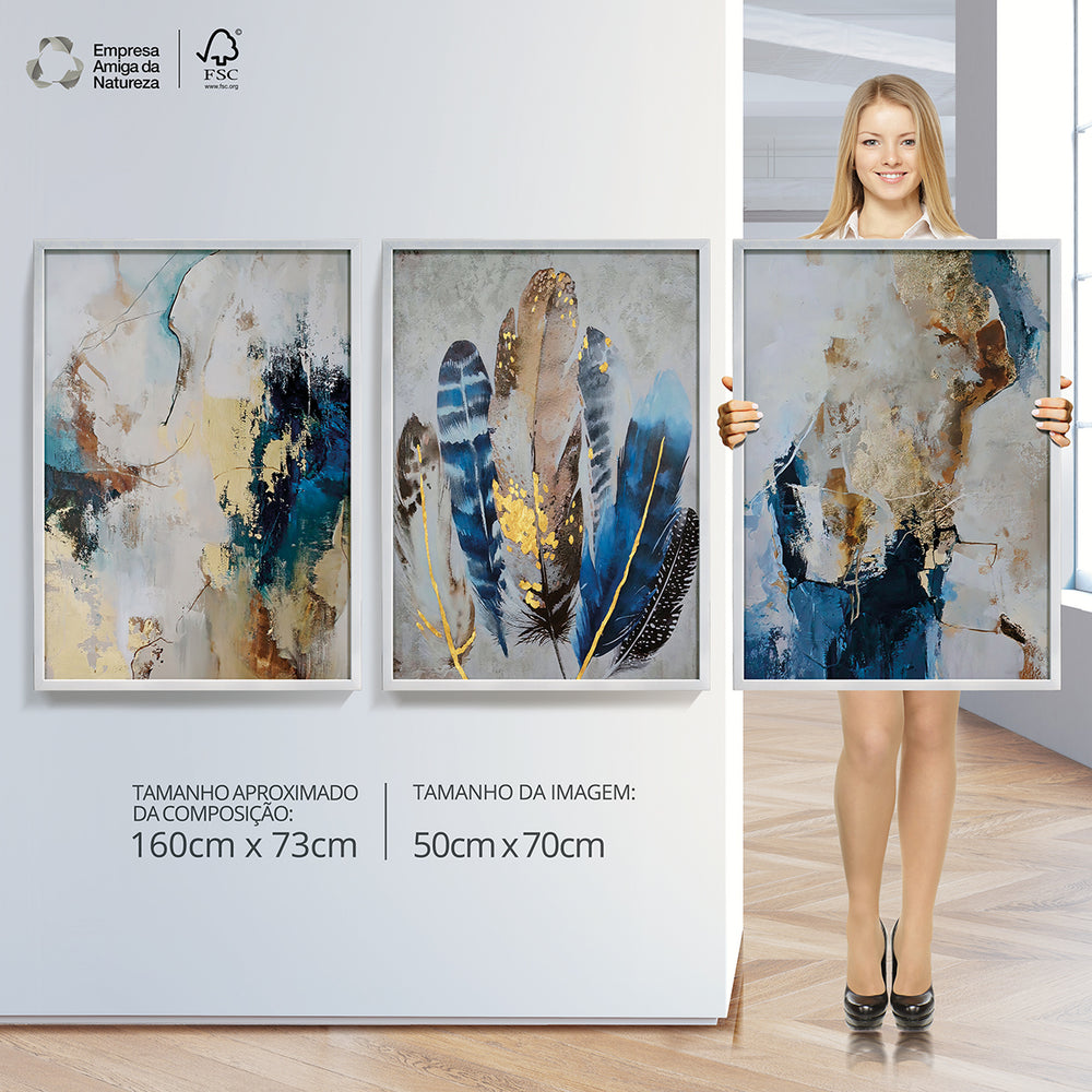 Composição de quadros Abstrato Dourado & Azul Trio - 60OFF