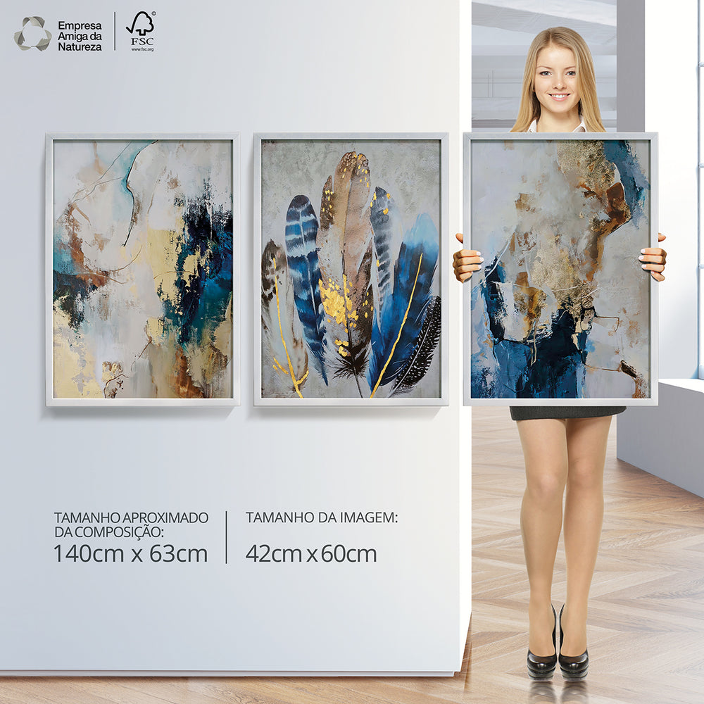 Composição de quadros Abstrato Dourado & Azul Trio - 60OFF