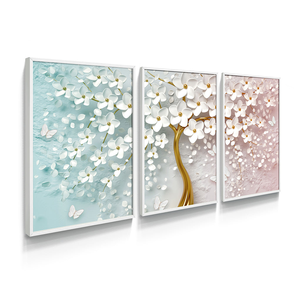 Composição de quadros Abstrato Dourado e Branco Trio
