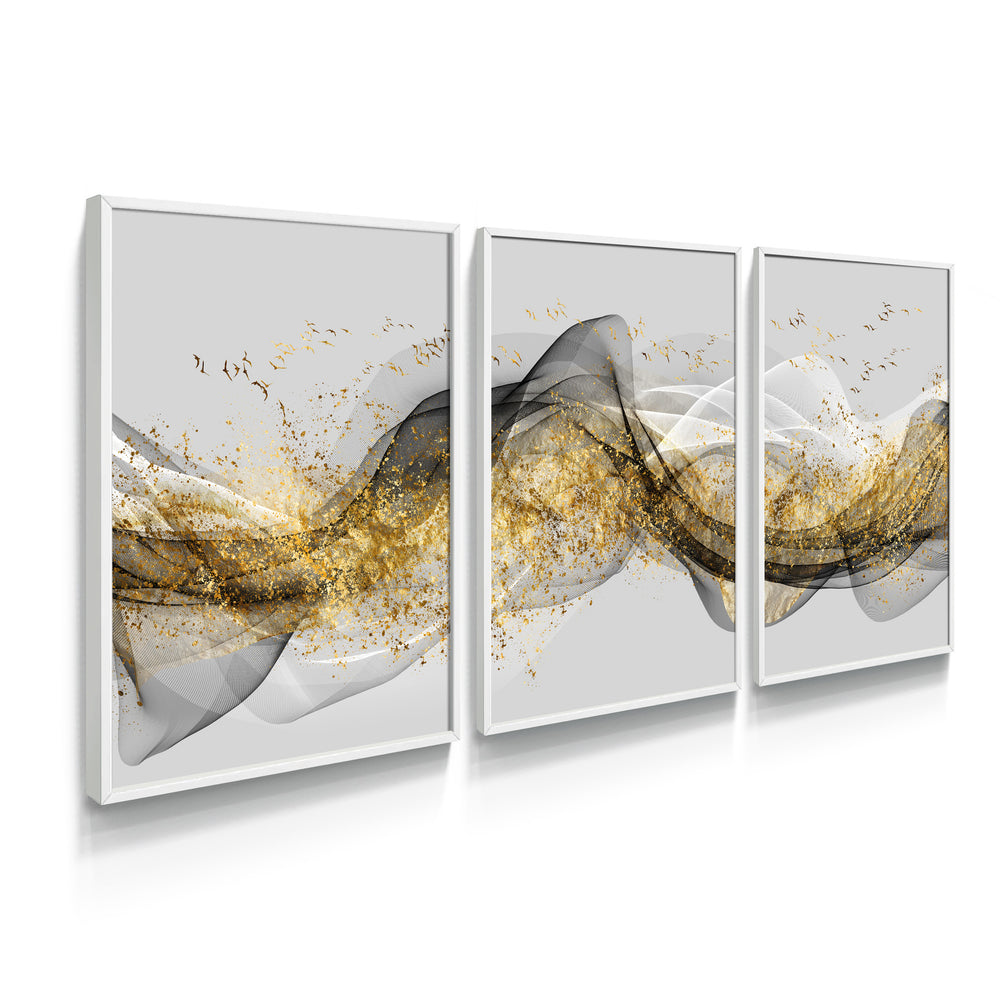 Composição De Quadros Trio Ondas Gold - 60OFF