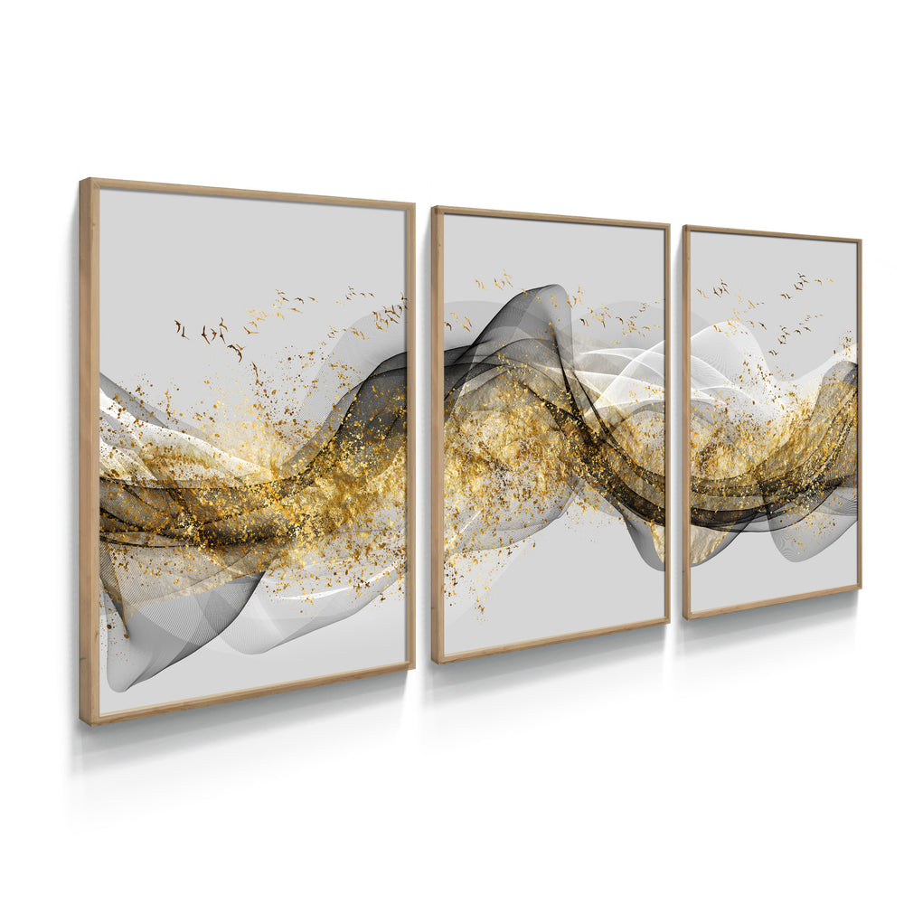 Composição De Quadros Trio Ondas Gold - 60OFF