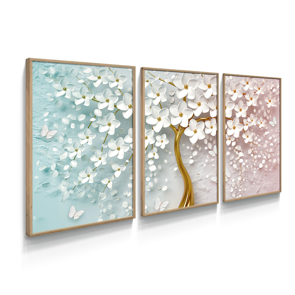 Composição de quadros Abstrato Dourado e Branco Trio
