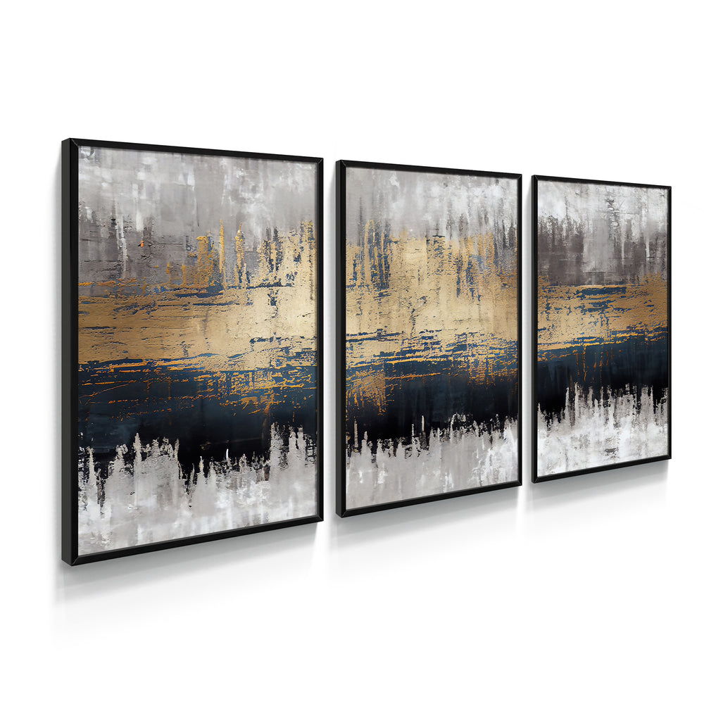 Composição de Quadros Abstrato Dourado, Preto & Cinza