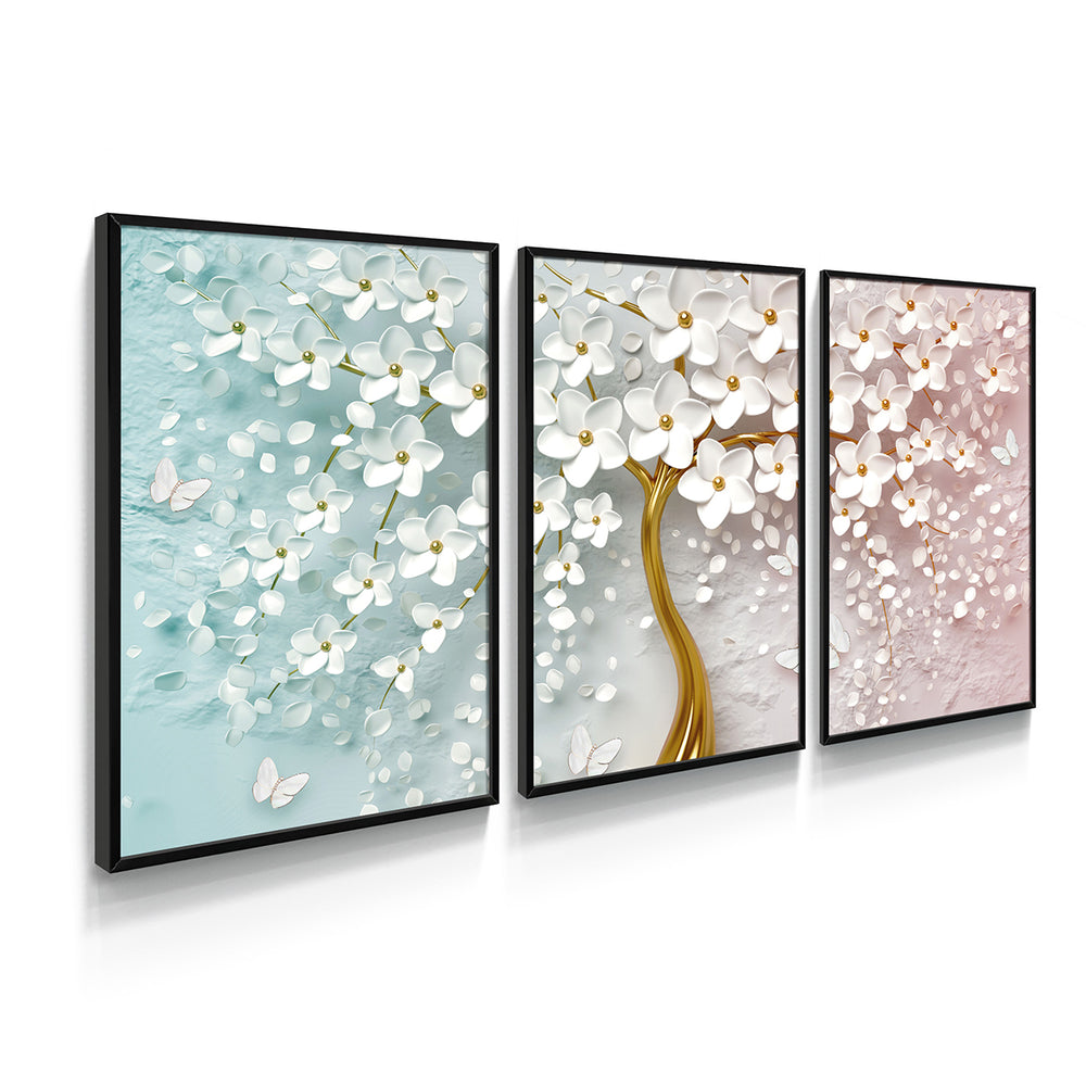 Composição de quadros Abstrato Dourado e Branco Trio