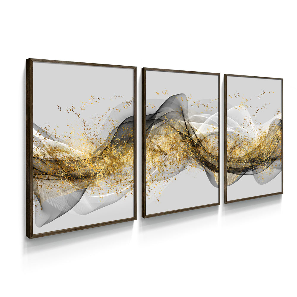 Composição De Quadros Trio Ondas Gold - 60OFF