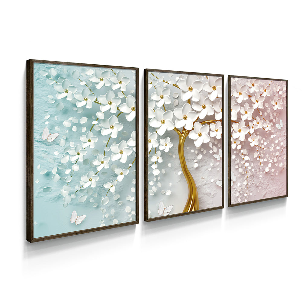 Composição de quadros Abstrato Dourado e Branco Trio