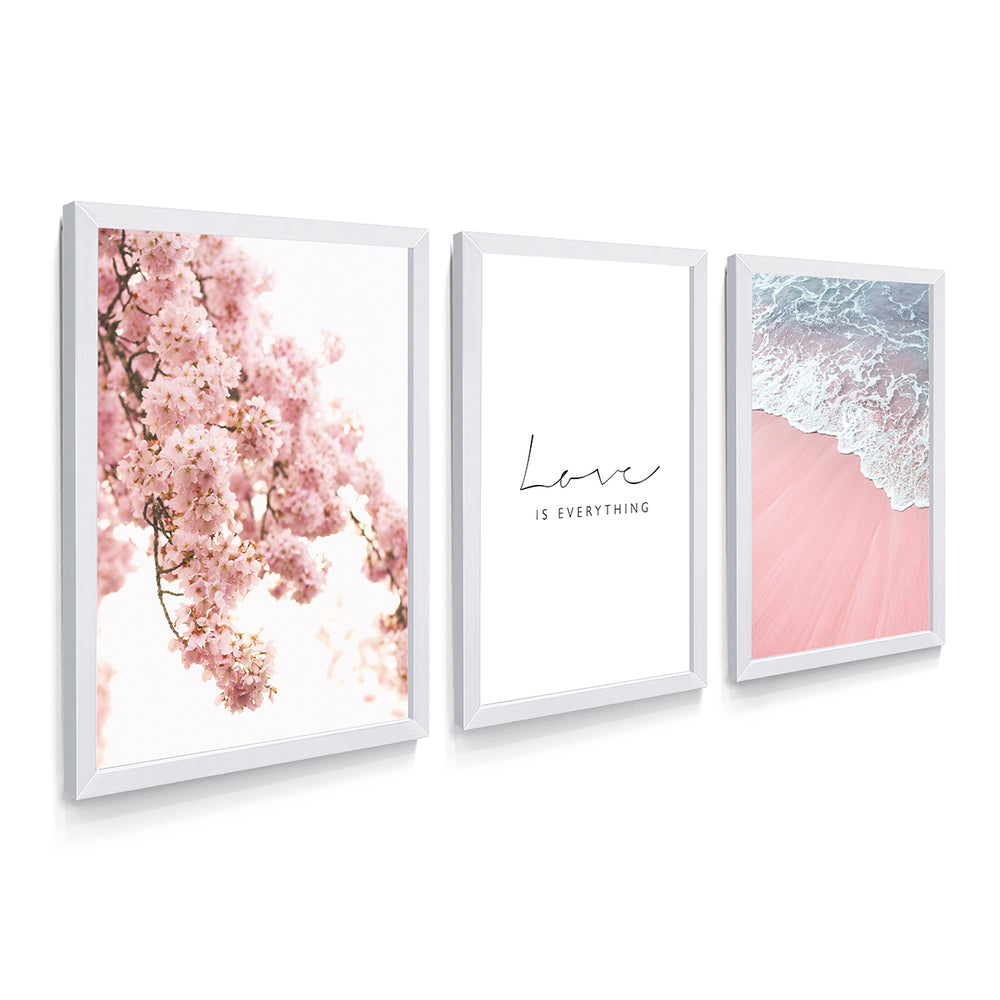 Composição de Quadros Praia & Flores Rosa - 60OFF