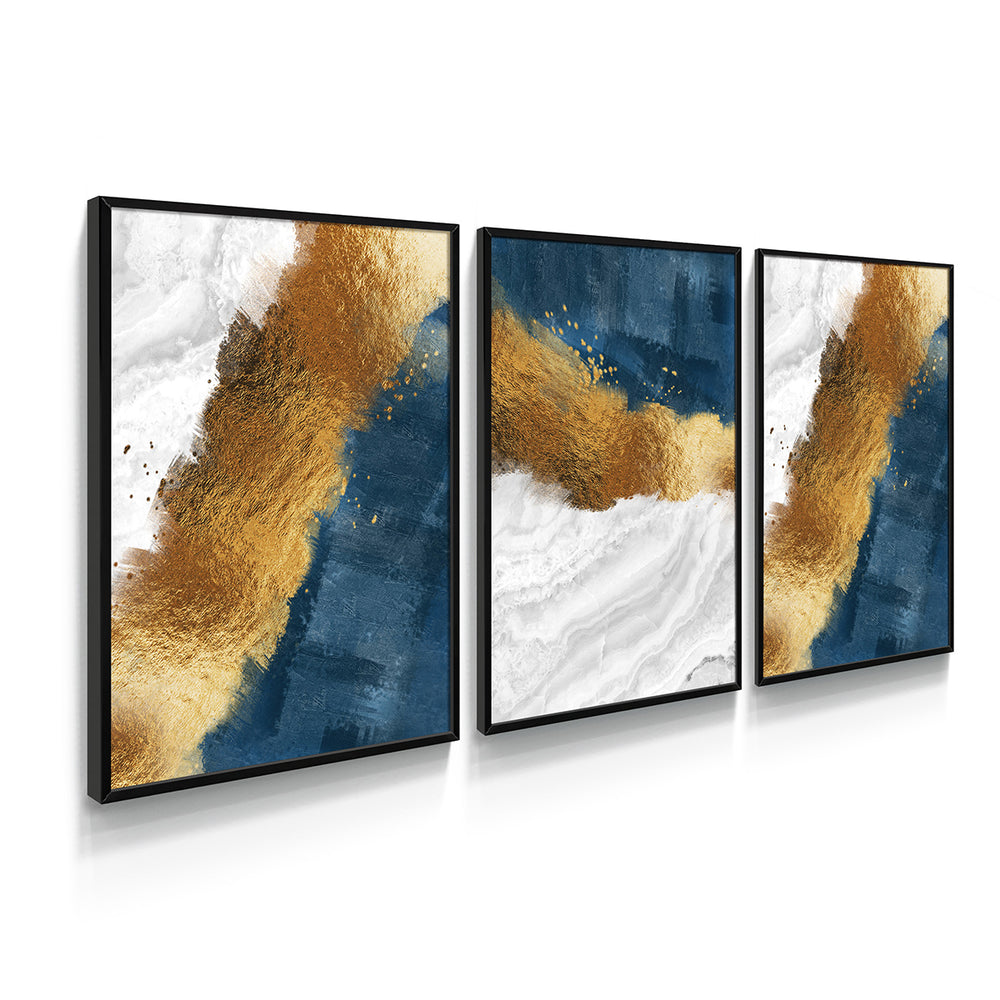 Composição de quadros Abstratos Areia Dourado, Branco & Azul Trio