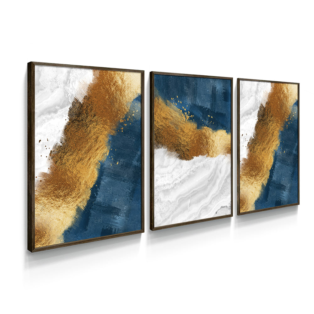 Composição de quadros Abstratos Areia Dourado, Branco & Azul Trio