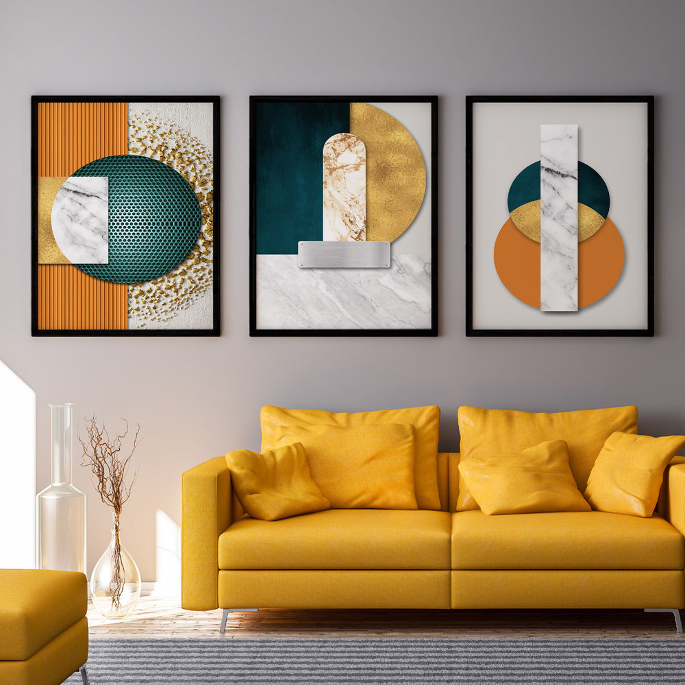 Composição de Quadros Geométrico Abstrato 3D- 60OFF