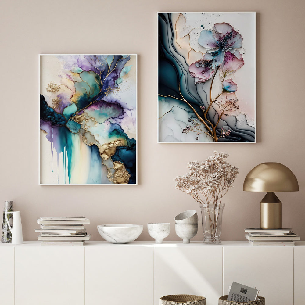 Composição De Quadros Floral Marmorado Abstrato Gold - 60OFF
