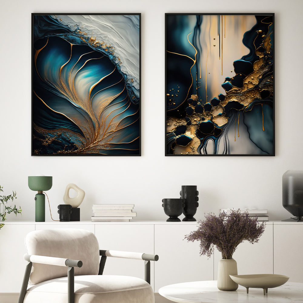 Composição de Quadros Abstrato Mármore Azul Gold