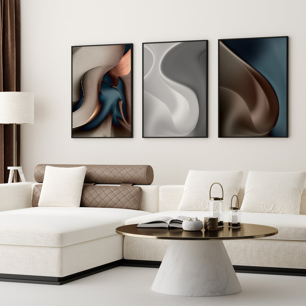 Composição de Quadros Trio Ondas Abstratas Moderna- 60OFF