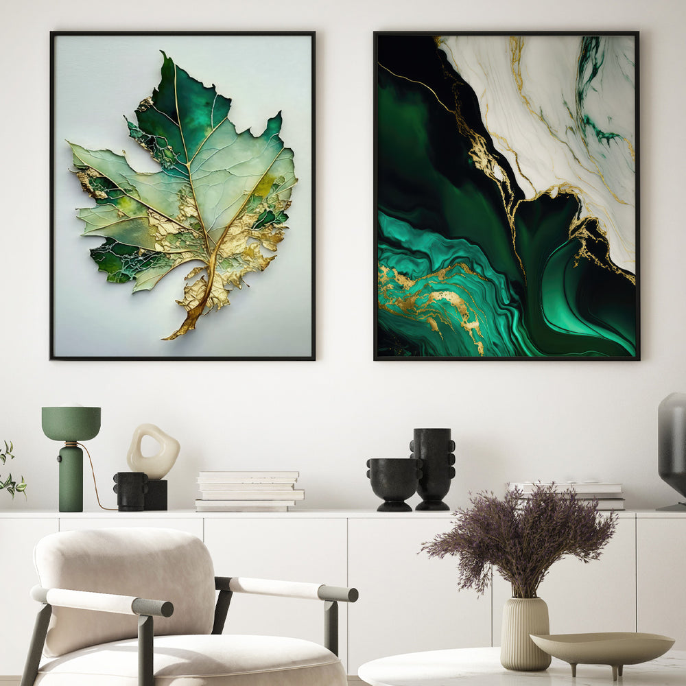 Composição De Quadros Floral  Mármore Verde Gold Abstrato