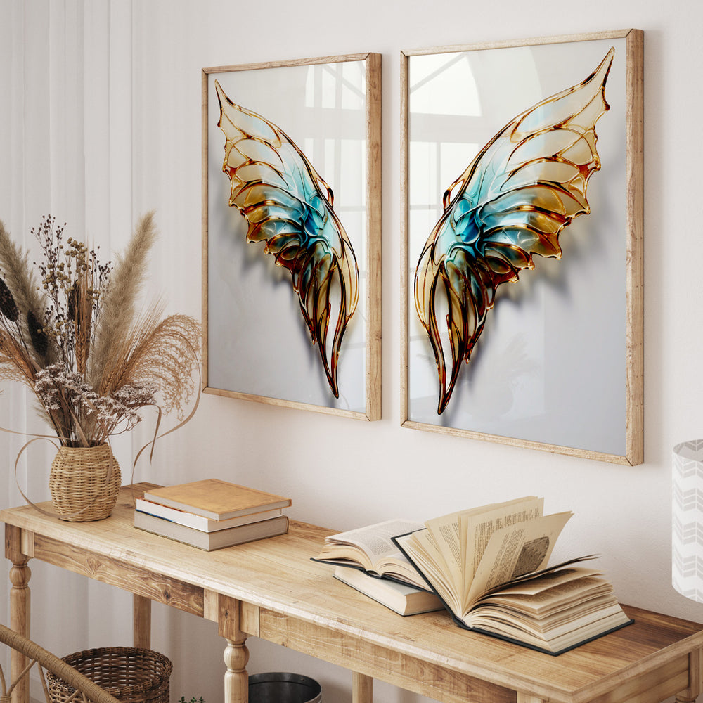 Composição De Quadros Asas De Fada Dourada E Azul