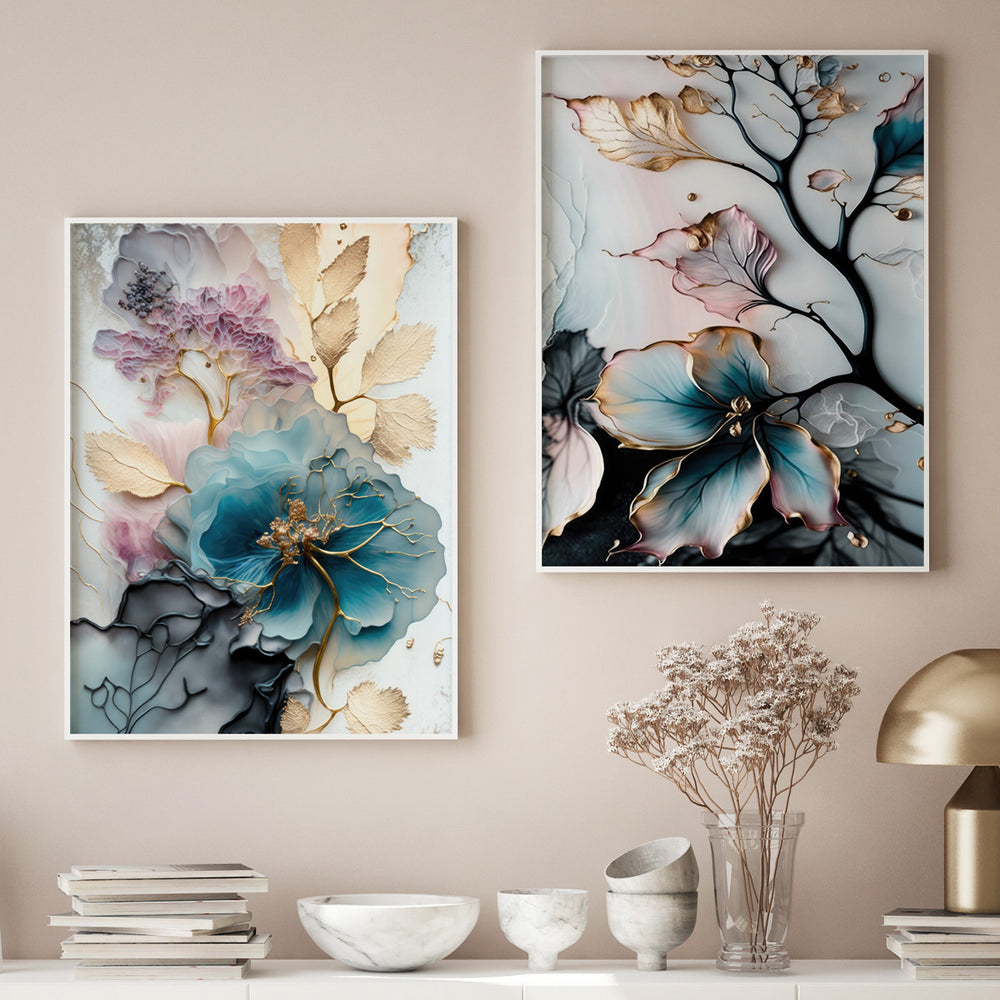 Composição de Quadros Aquarela Floral Botânico Gold