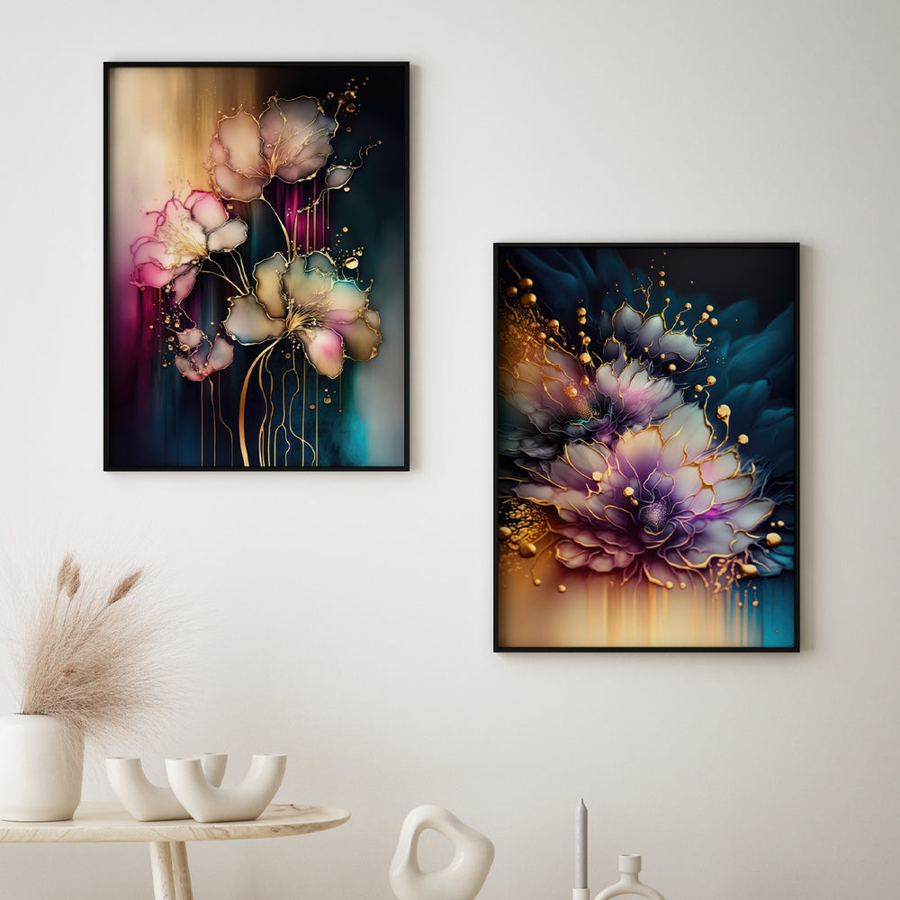Composição De Quadros Floral Buquê de Rosas e Ibisco Abstrato