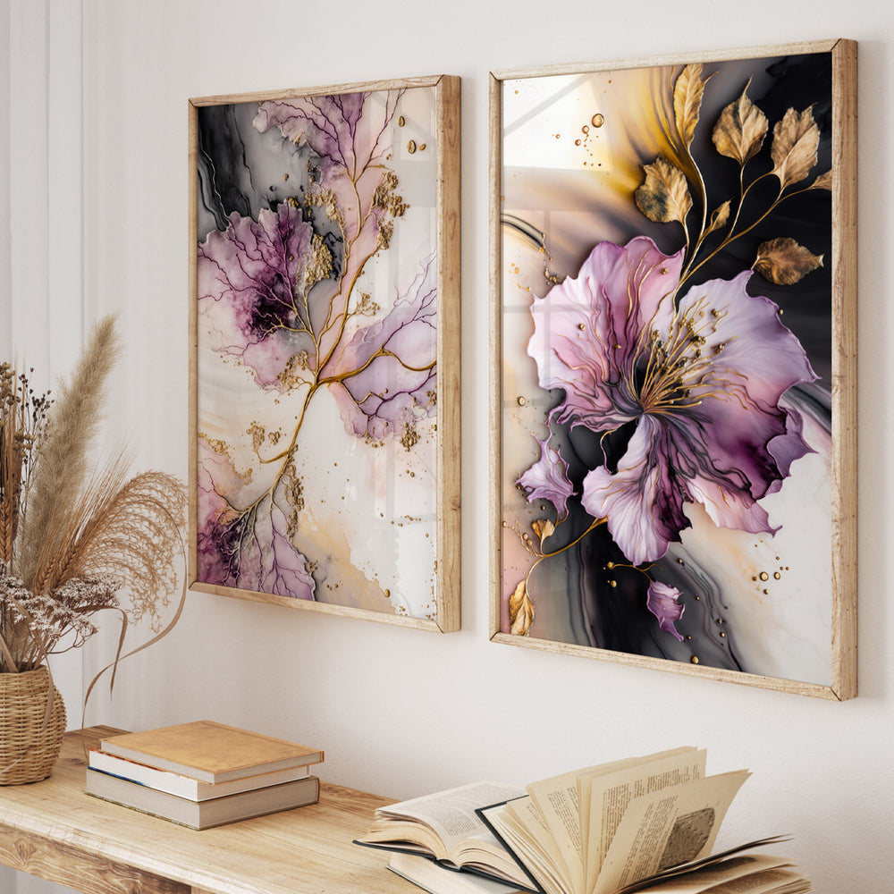 Composição de Quadros Botânico Floral Rosa Gold