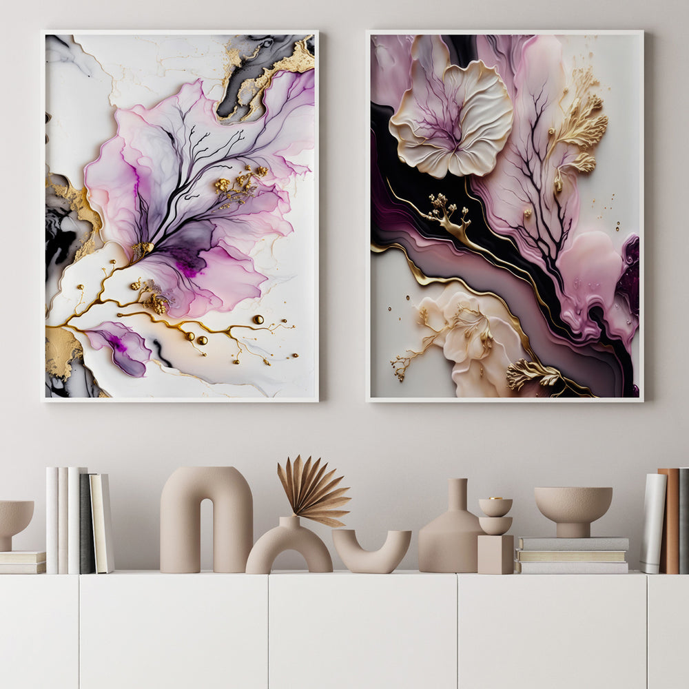 Composição De Quadros Floral Marmorado Abstrato Rosê - 60OFF