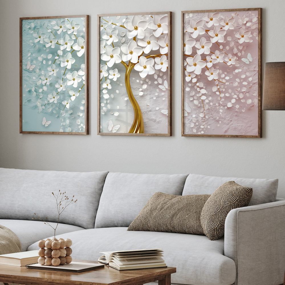Composição de quadros Abstrato Dourado e Branco Trio