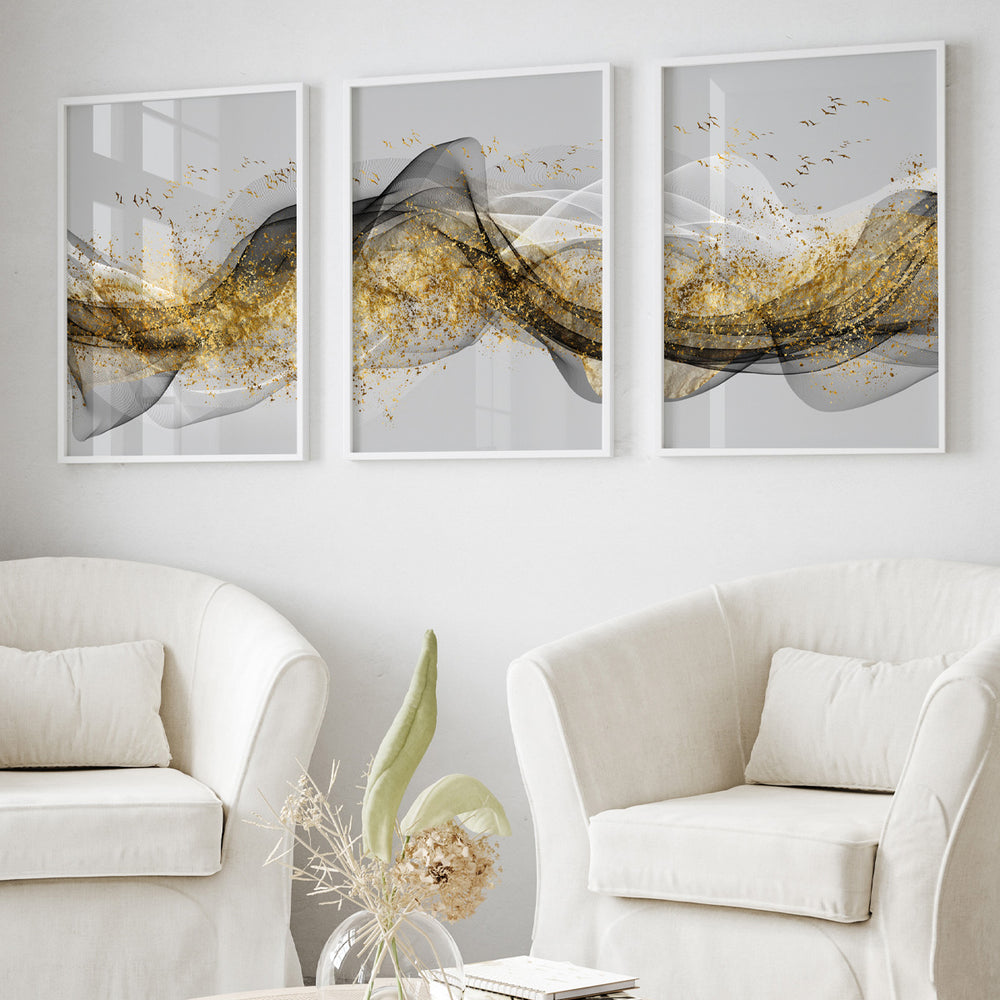 Composição De Quadros Trio Ondas Gold - 60OFF