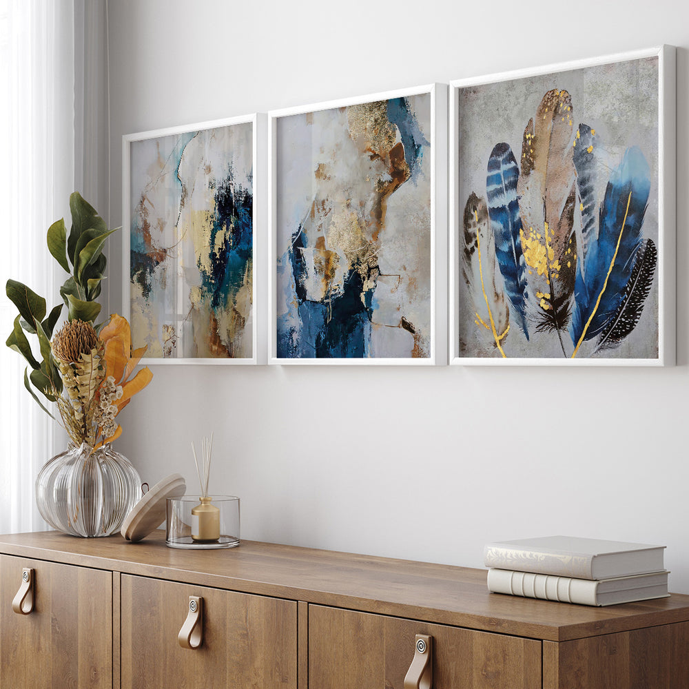 Composição de quadros Abstrato Dourado & Azul Trio - 60OFF