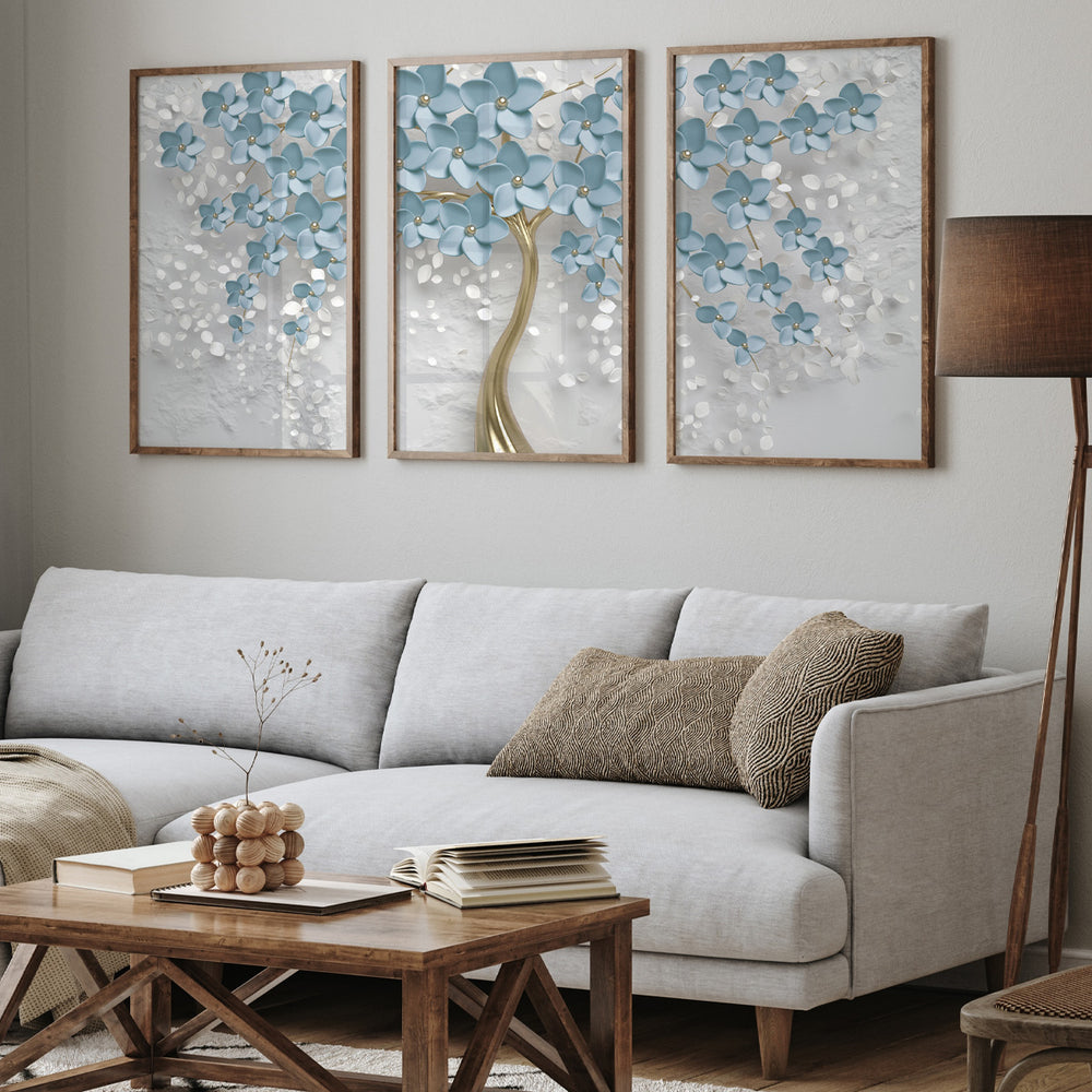 Composição de Quadros Árvore Azul claro e Branco