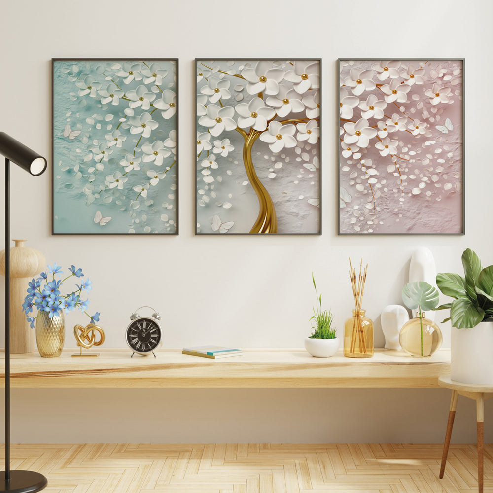 Composição de quadros Abstrato Dourado e Branco Trio