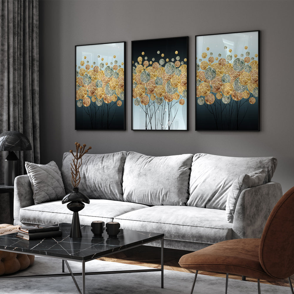 Composição de quadros Abstrato Arbustos Dourados Trio