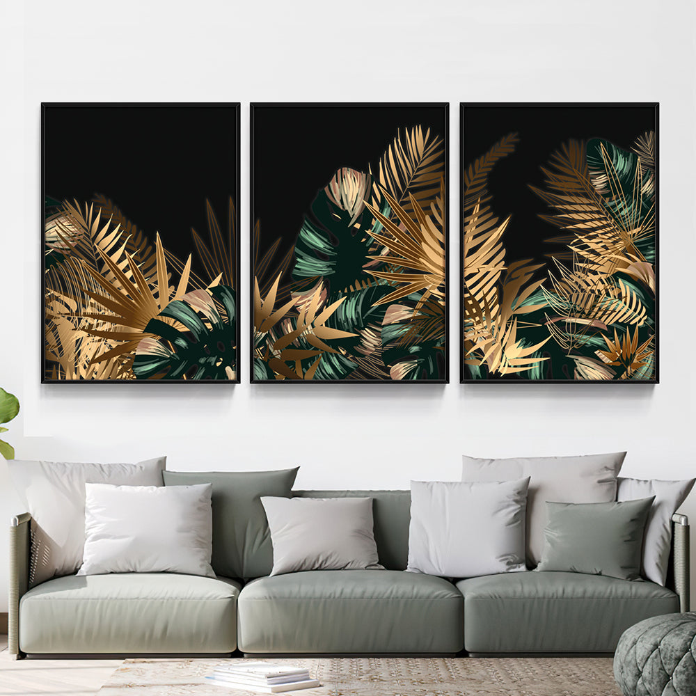 Composição de Quadros Trio Folhagem Dourada & Verde - 60OFF