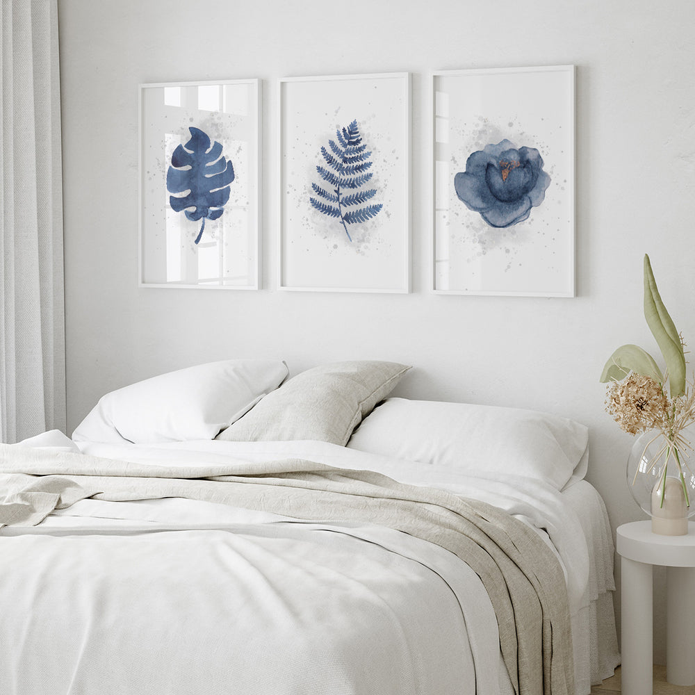 Composição de Quadros Trio Botânico Minimalista Azul