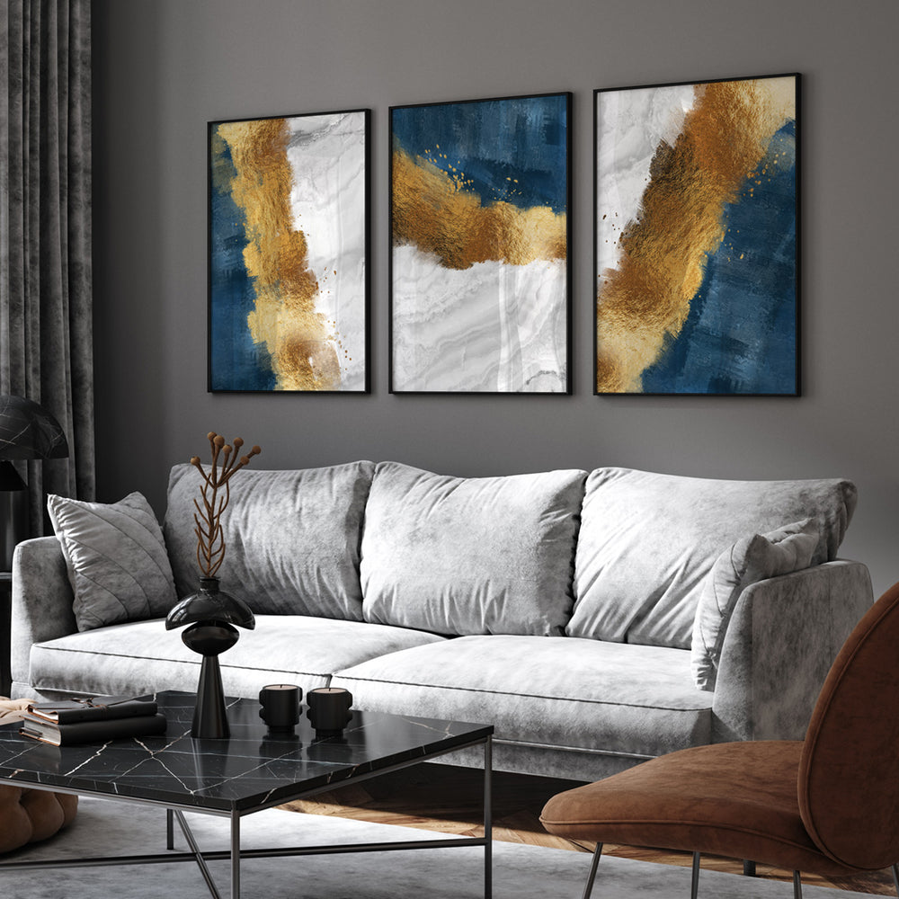 Composição de quadros Abstratos Areia Dourado, Branco & Azul Trio