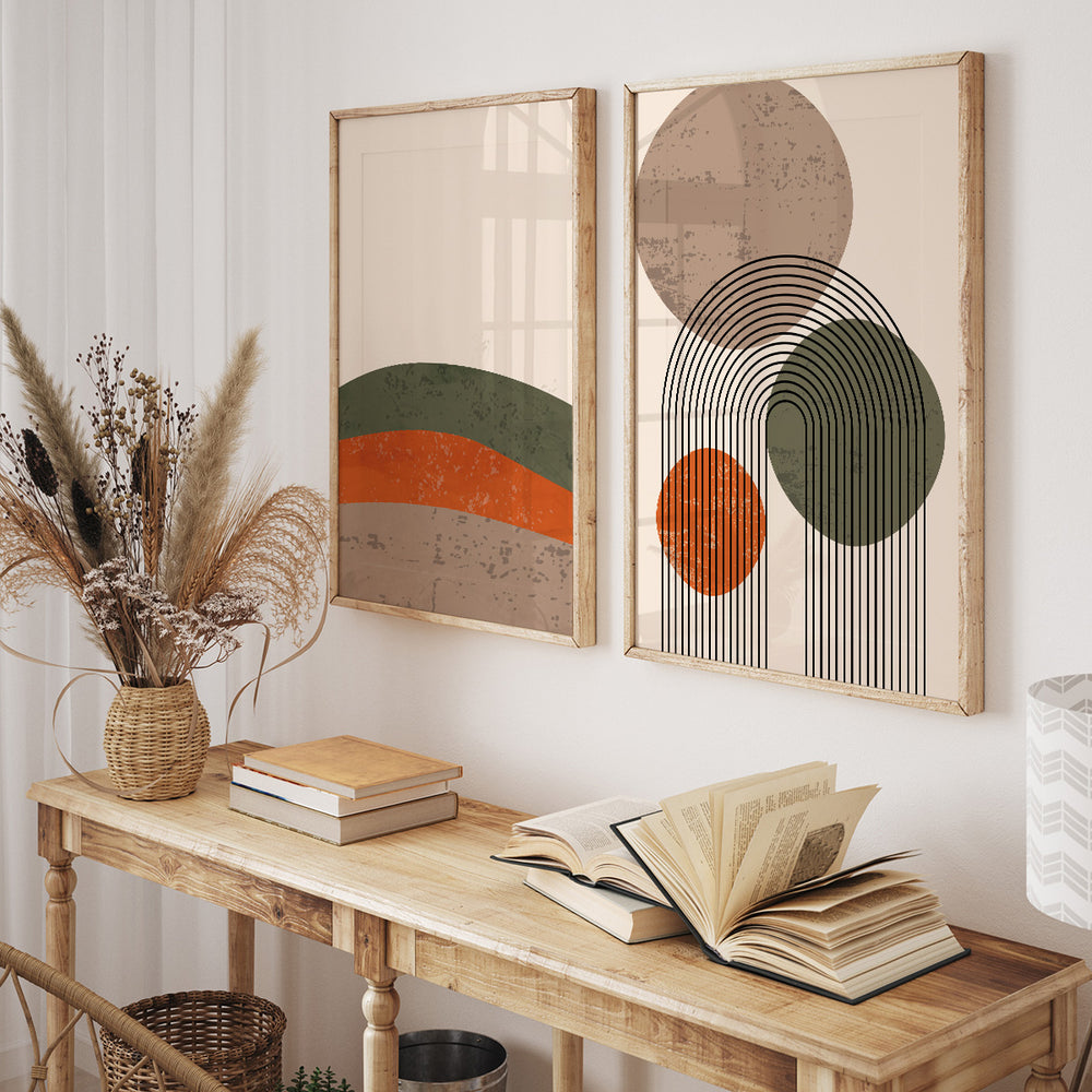 Composição de Quadros Boho Terracota Abstrato linhas e Montanhas